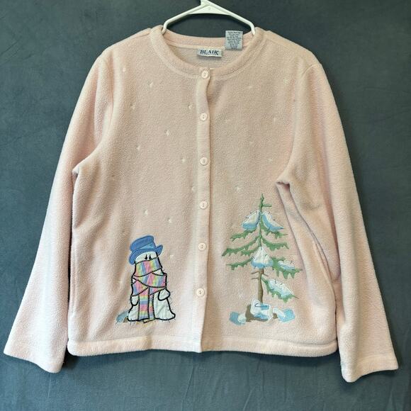 Vintage Blair Fleece Winter Scene Snowman Winter Wonderland Trees Pockets Medium - Picture 1 of 9
